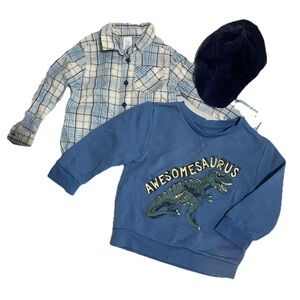 Primark Boys Size 2-3 Blue Plaid/Dinosaur Sweater & Cap Bundle